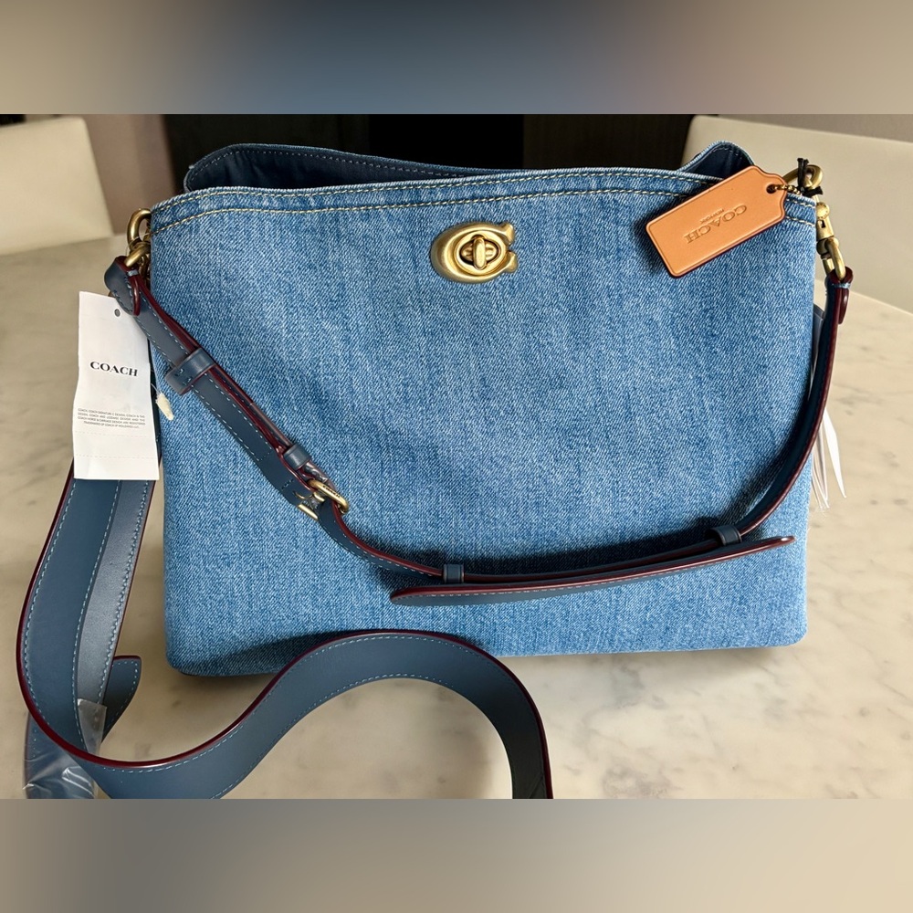 Coach Denim Shoulder Bag with Blue Leather Strap and Tan Tag